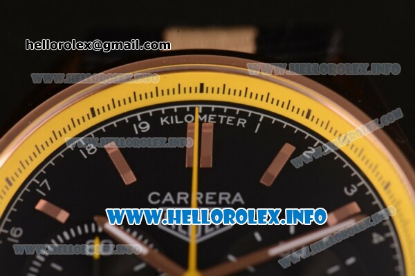 Tag Heuer Carrera Calibre 18 Miyota Quartz Rose Gold Case with Black Dial Stick Markers and Yellow/Black Nylon Strap - Yellow Inner Bezel - Click Image to Close
